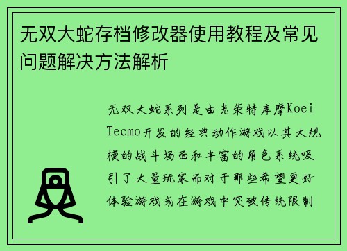 无双大蛇存档修改器使用教程及常见问题解决方法解析 无双大蛇存档修改器使用教程及常见问题解决方法解析