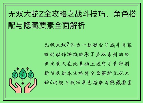 无双大蛇Z全攻略之战斗技巧、角色搭配与隐藏要素全面解析 无双大蛇Z全攻略之战斗技巧、角色搭配与隐藏要素全面解析